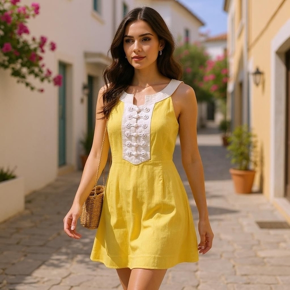Lilly Pulitzer Yellow Dress – White Trim, Embellished Front, Kangaroo Pocket – S - Picture 1 of 13